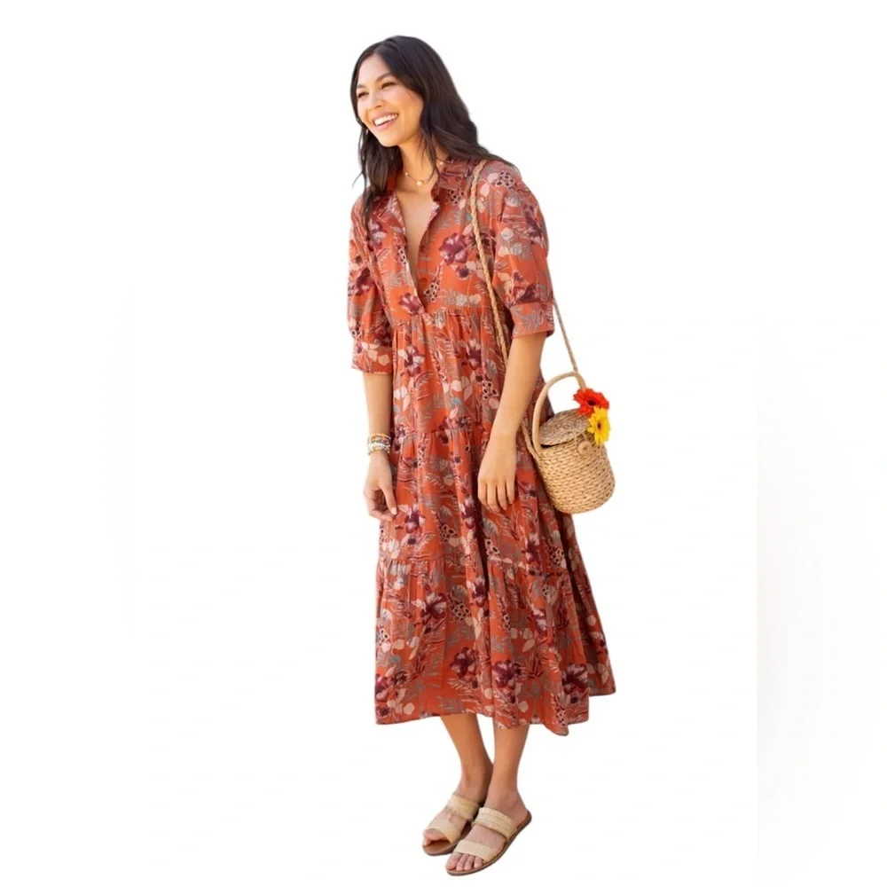 Natural Life Rebecca Midi Dress Orange Tropical Floral Size XS - Picture 1 of 5